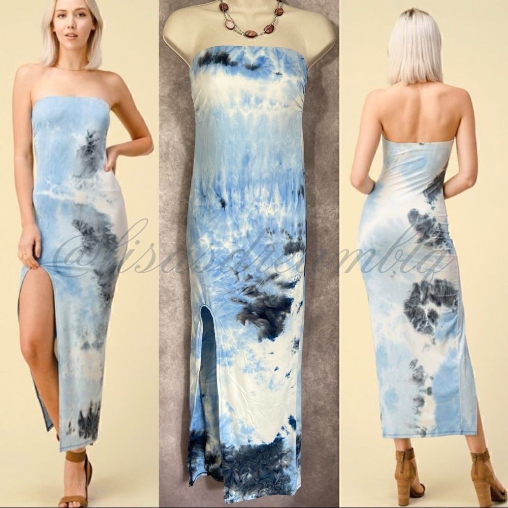 Only 1 Large Left! Blue Tie Dye Strapless Maxi Dress